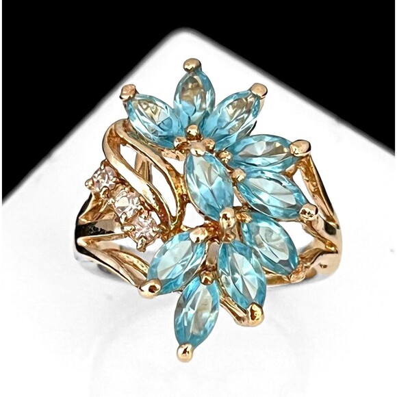 Vintage Ring Size 6 Blue Crystal Cluster 14K Gold Plate Mid-Century 14E - Picture 12 of 14